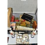 A SUITCASE, A BOX AND LOOSE VINTAGE PACKAGING, CERAMICS, GAMES AND SUNDRY ITEMS, to include a pair