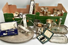 TWO BOXES OF WHITE METAL WARE AND CUTLERY, to include a large silver-plated oval tray with a pierced