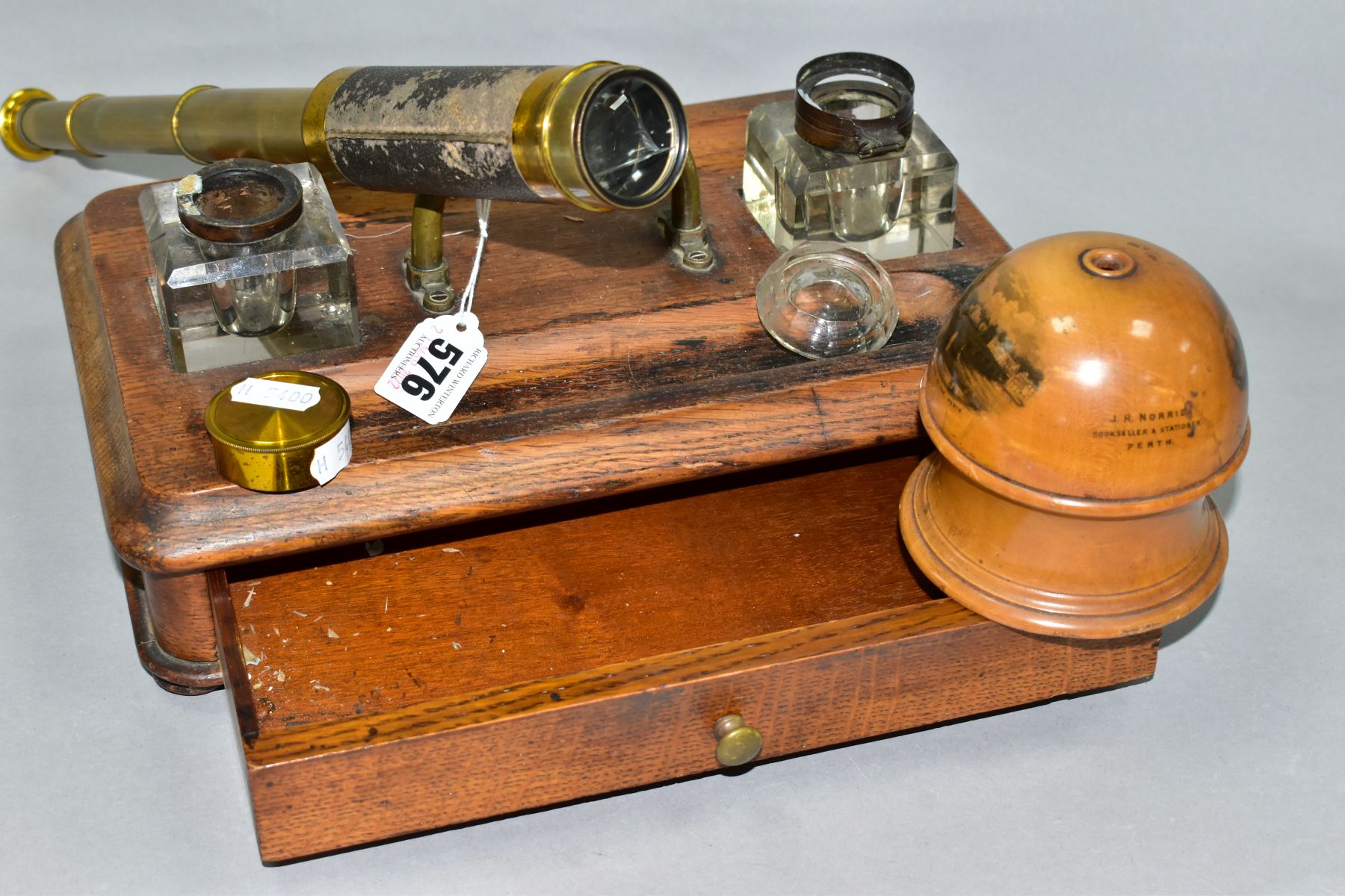 A VICTORIAN OAK INKWELL STAND WITH DRAW, together with a Mauchline ware string dispenser for J R - Image 4 of 9