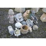 FOURTEEN MODERN COMPOSITE GARDEN ORNAMENTS, including a frog with a spout protruding from its mouth,