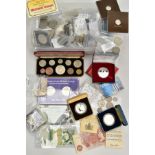 A PLASTIC BOX CONTAINING UK COINAGE, to include 3x queen Elizabeth silver proof crown coins 1977,