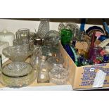 TWO BOXES AND LOOSE GLASSWARES, to include a heavy cut crystal claret jug with plated handle and
