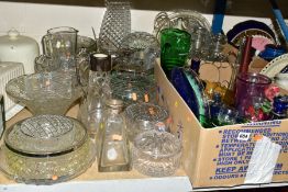 TWO BOXES AND LOOSE GLASSWARES, to include a heavy cut crystal claret jug with plated handle and