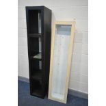 A LONG MODERN BEECH COLLECTORS DISPLAY CABINET, with glass shelves, width 43cm x depth 19cm height