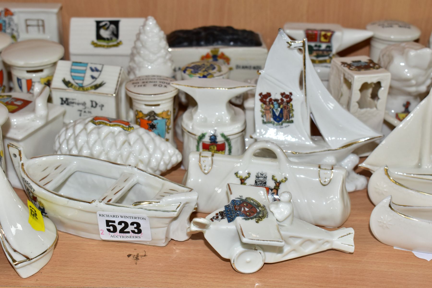 A COLLECTION OF APPROXIMATELY THIRTY FIVE PIECES OF CRESTED CHINA, including a Continental aeroplane - Image 3 of 10