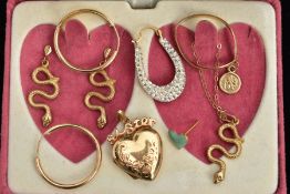 A 9CT GOLD LOCKET, SNAKE PENDANT NECKLACE AND MATCHING EARRINGS, AND OTHER PIECES, the heart