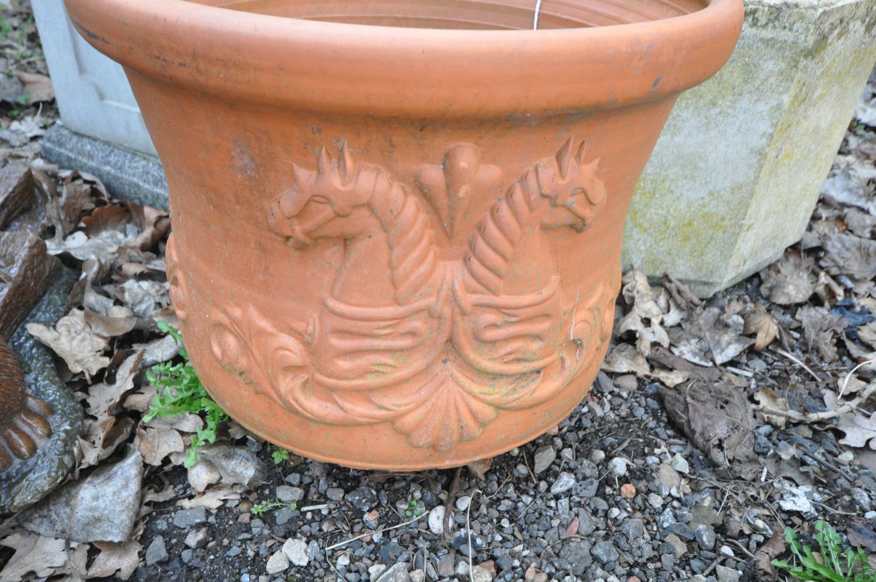 A COMPOSITE SQUARE SECTION COLUMN 33cm square height 70cm, a terracotta round planter with - Image 3 of 3