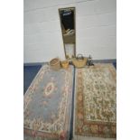 A GILTWOOD RECTANGULAR MIRROR, three various wicker baskets/bag, wrought iron table lamp, ceramic