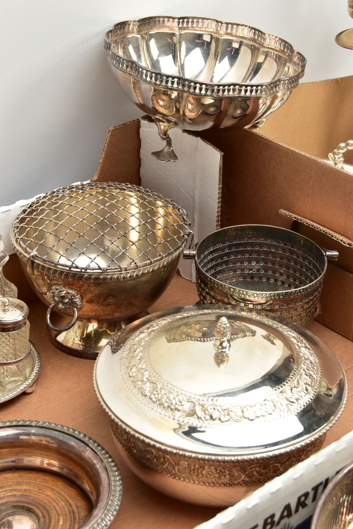TWO BOXES OF WHITE METAL WARE, to include two circular entree dishes with covers, two oval entree - Image 7 of 7
