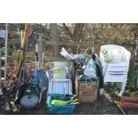A LARGE SELECTION OF GARDEN MISCELLANEOUS, to include eight plastic staking garden armchairs, two