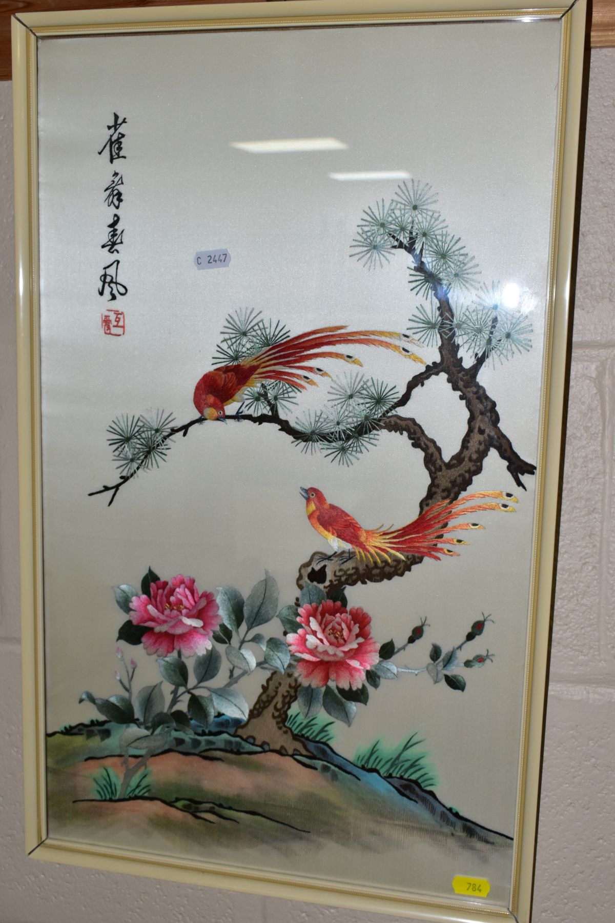 THREE CHINESE SILK EMBROIDERY PICTURES, depicting exotic birds, cranes, ducks and flowers, signed - Image 2 of 9