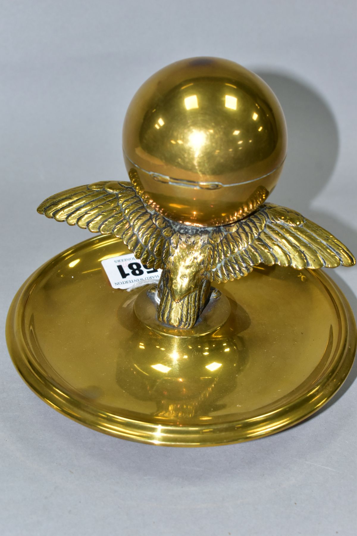 A BRASS INKSTAND IN THE FORM OF AN EAGLE AND ORB, incorrect glass liner, liner retaining ring is - Image 3 of 6