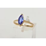 A 9CT GOLD TANZANITE RING, designed with a marquise cut tanzanite, approximate dimensions length