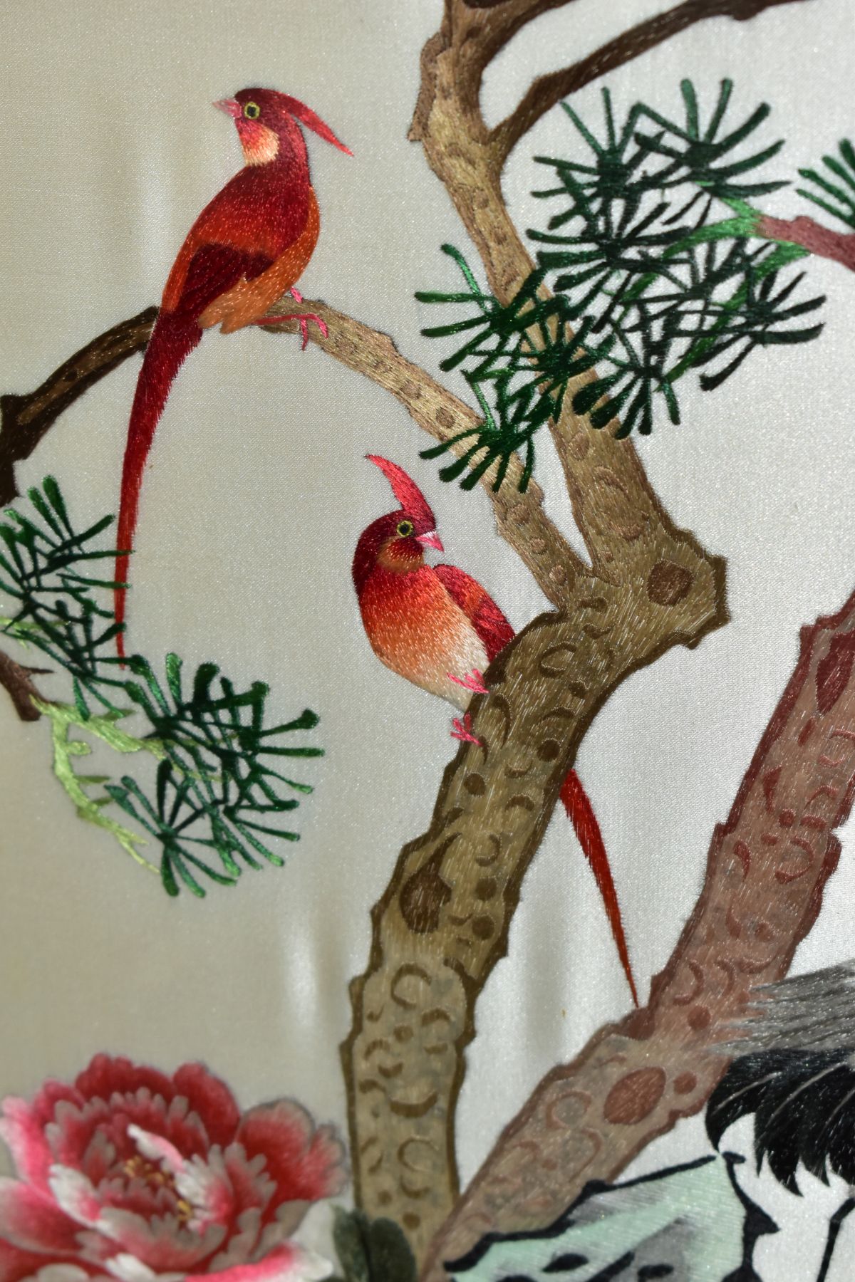 THREE CHINESE SILK EMBROIDERY PICTURES, depicting exotic birds, cranes, ducks and flowers, signed - Image 8 of 9
