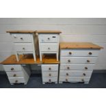 A PARTIALY PAINTED AND PINE BEDROOM SUITE comprising a chest of five long drawers, width 89cm x