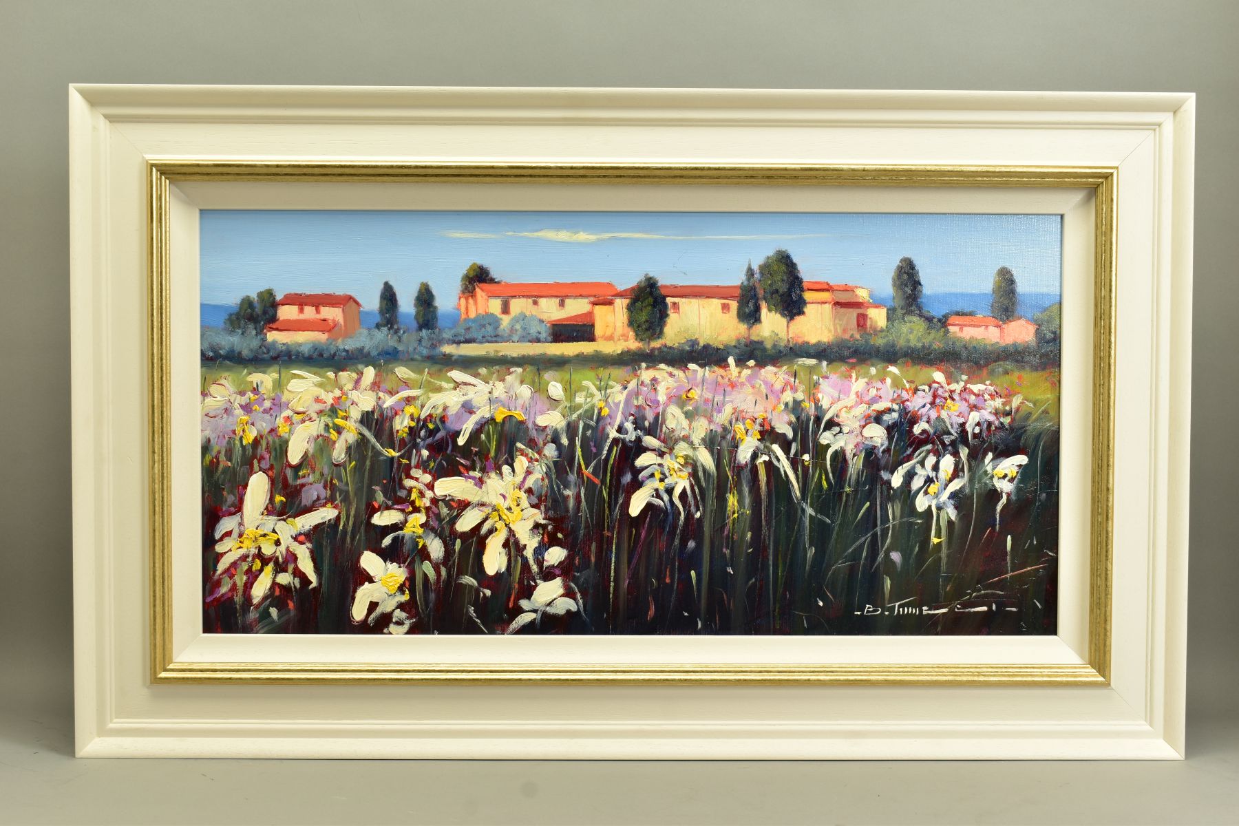 BRUNO TINUCCI (ITALY 19470) 'CAMPO BIANCO', an Italian landscape of flowers with buildings beyond,