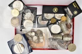 A SMALL CARDBOARD TRAY OF MAINLY UK COINAGE, to include a 1964 Kennedy half silver dollar, another