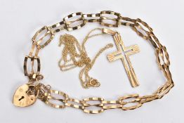A 9CT GOLD GATE BRACELET AND A CROSS PENDANT NECKLACE, the gate bracelet designed with alternating