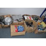 SEVEN BOXES OF KITCHEN/COOKING EQUIPEMENT, ETC, including metal mug trees, place mats, saucepans,