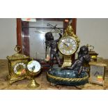 A 20TH CENTURY ITALIAN FIGURAL BRONZE, MARBLE AND BRASS MANTEL CLOCK, Roman numerals, eight day