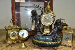 A 20TH CENTURY ITALIAN FIGURAL BRONZE, MARBLE AND BRASS MANTEL CLOCK, Roman numerals, eight day