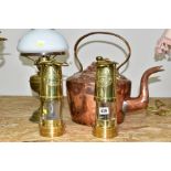 TWO MINERS LAMPS, AN OIL LAMP AND A COPPER KETTLE, comprising two brass E. Thomas and Williams Welsh