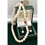 A STRAND OF CULTURED PEARLS AND PAIR OF CULTURED PEARL EARRINGS, sixty five white pearls, each