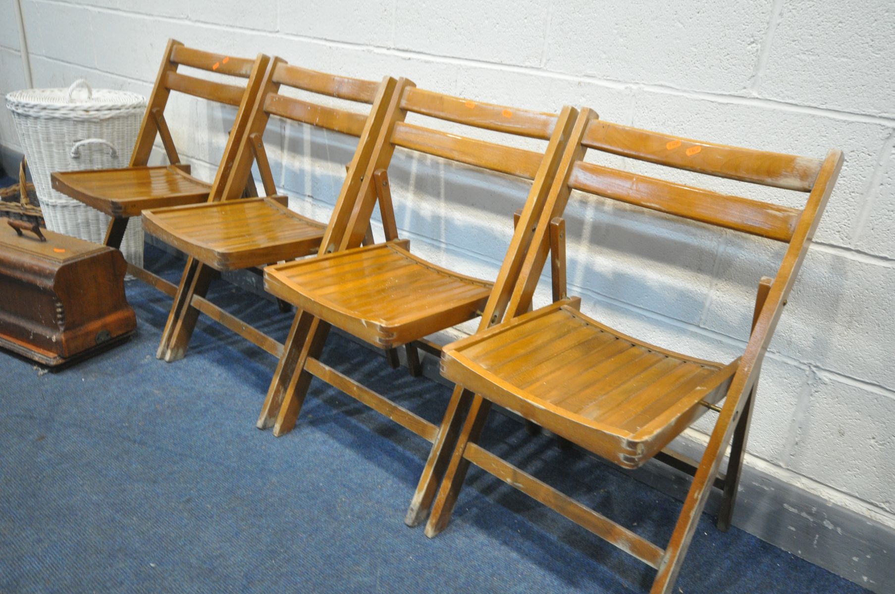 A SET OF FOUR BEECH FOLDING CHAIRS, three wicker baskets and a Vintage walnut sewing machine (8) - Image 2 of 3