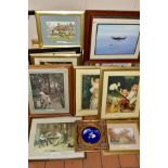 TWO PLASTIC TUBS OF FRAMED PRINTS ETC, the subjects are mostly copies of well known paintings from