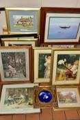 TWO PLASTIC TUBS OF FRAMED PRINTS ETC, the subjects are mostly copies of well known paintings from