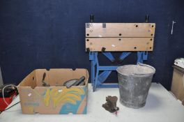 A TRAY CONTAINING TOOLS AND A FOLDING WORKBENCH including an 8in granite mortar and pestle, a Record