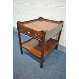 A MAHOGANY LAMP TABLE, with a gallery top, single drawer, over an undertier, width 51cm x depth 61cm