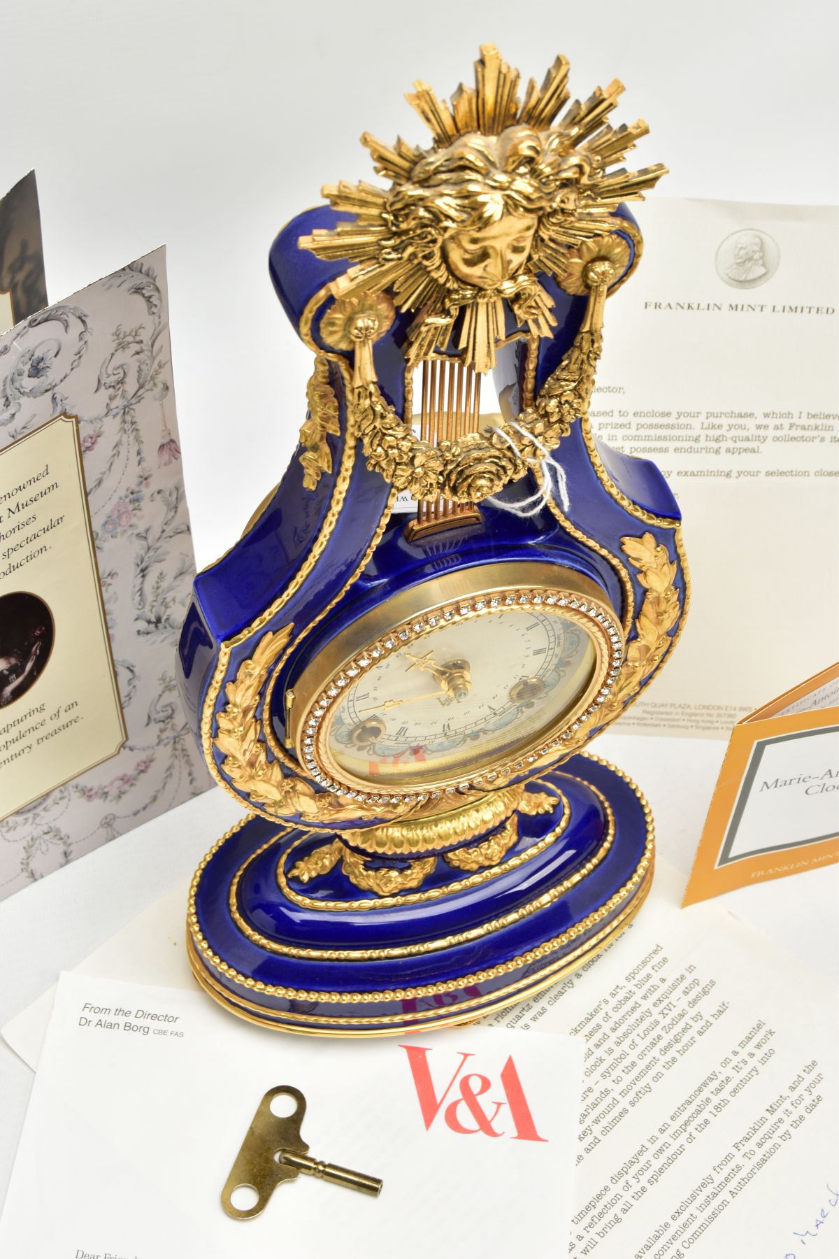 A MARIE-ANTIONETTE PORCELAIN CLOCK, a Victoria and Albert museum repoduction mantle clock, cobalt - Image 5 of 6