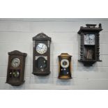 FOUR 20TH CENTURY WALL CLOCKS, comprising a Seiko quartz oak cased wall clock, with pendulum, height