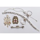 A BAG OF ASSORTED WHITE METAL ITEMS, to include a silver 'Steward' fob medal pendant, worn red