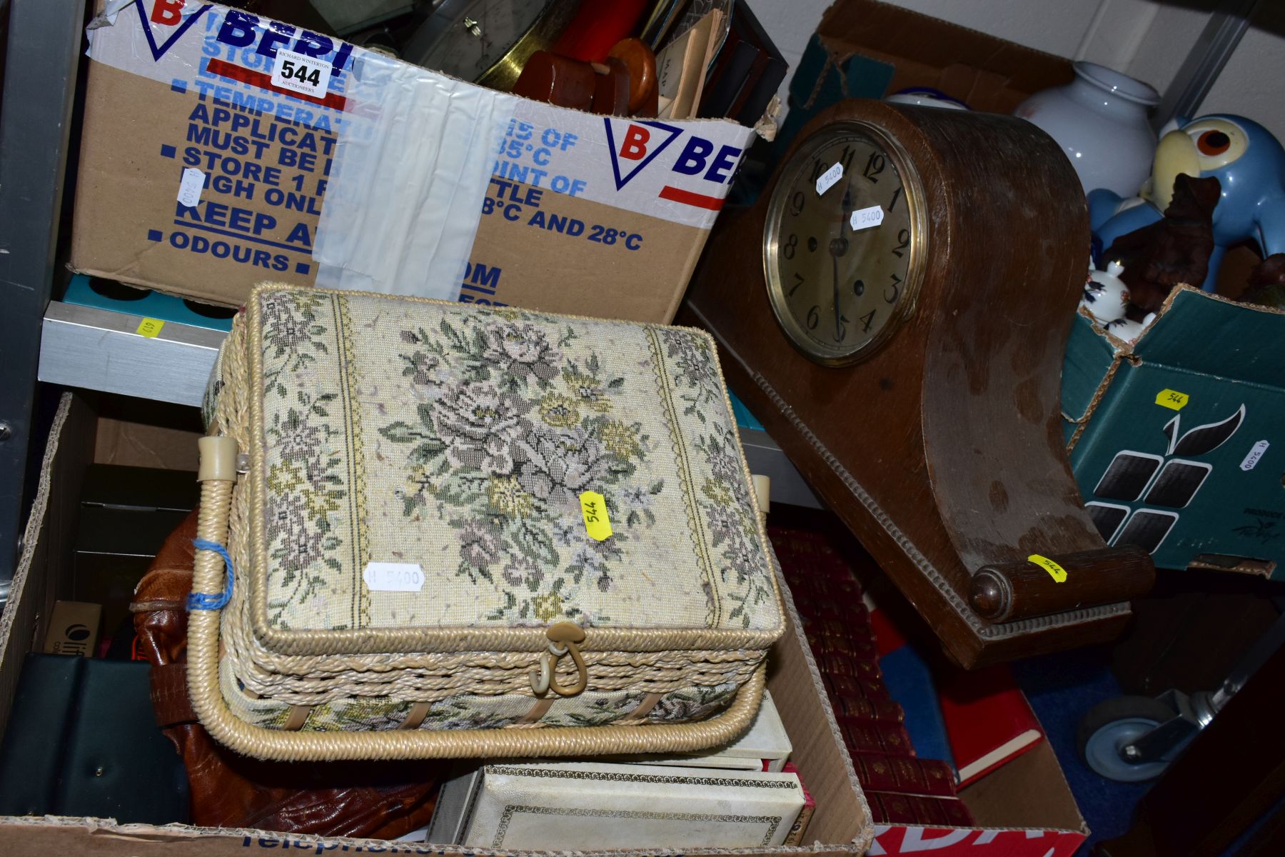 FOUR BOXES AND LOOSE CERAMICS, TREEN, BOOKS, BAGS, ETC, including African carvings, metal light - Image 6 of 8