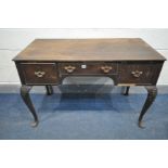 A GEORGIAN MAHOGANY SIDE TABLE, with three drawers, on cabriole legs and padded feet, width 114cm