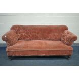 AN EDWARDIAN MAHOGANY SOFA, on turned legs and ceramic casters, length 189cm (condition:-idea for