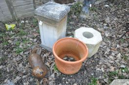 A COMPOSITE SQUARE SECTION COLUMN 33cm square height 70cm, a terracotta round planter with