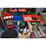 TWO BOXES OF CDS, COARSE FISHING EQUIPMENT, ETC, including two soda syphons, a sombrero, the