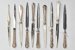 TEN SILVER HANDLED LETTER OPENERS, all with a different design to the handle and with a full