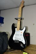 AN ELEVATION ELECTRIC GUITAR, AMPLIFIER AND CASE, Stratocaster style with maple neck, black and