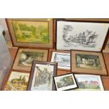 TWELVE FRAMED VINTAGE PRINTS ETC, to include four signed prints depicting Ashby-De-La-Zouch by C R