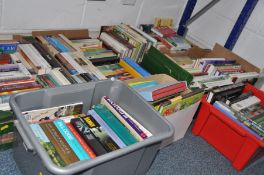 EIGHT BOXES OF HARDBACK AND PAPERBACK BOOKS, including cookery, baking, novels, hobbies,