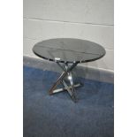 A MODERN SMOKED CIRCULAR GLASS OCCASIONAL TABLE, on a shaped chrome frame, diameter 59cm x height