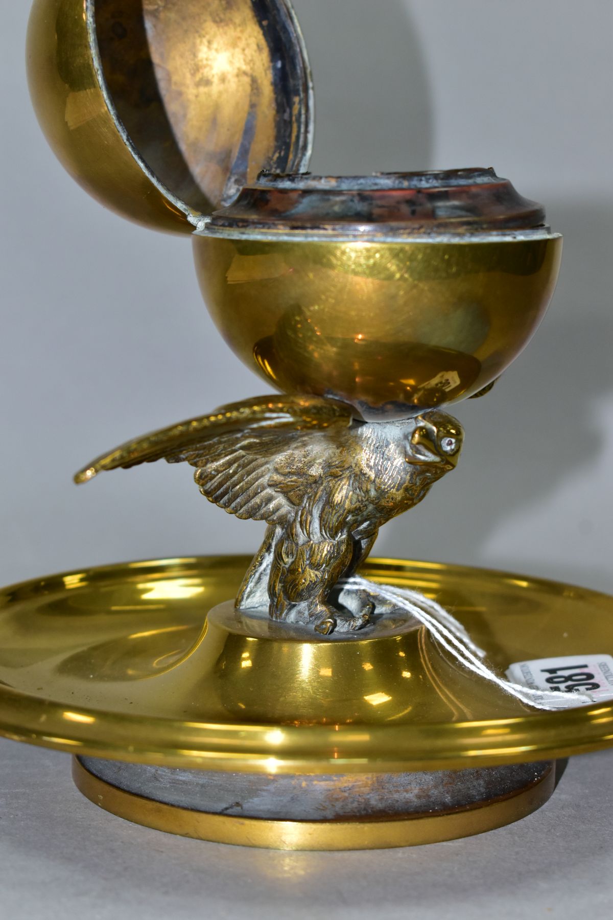 A BRASS INKSTAND IN THE FORM OF AN EAGLE AND ORB, incorrect glass liner, liner retaining ring is - Image 5 of 6