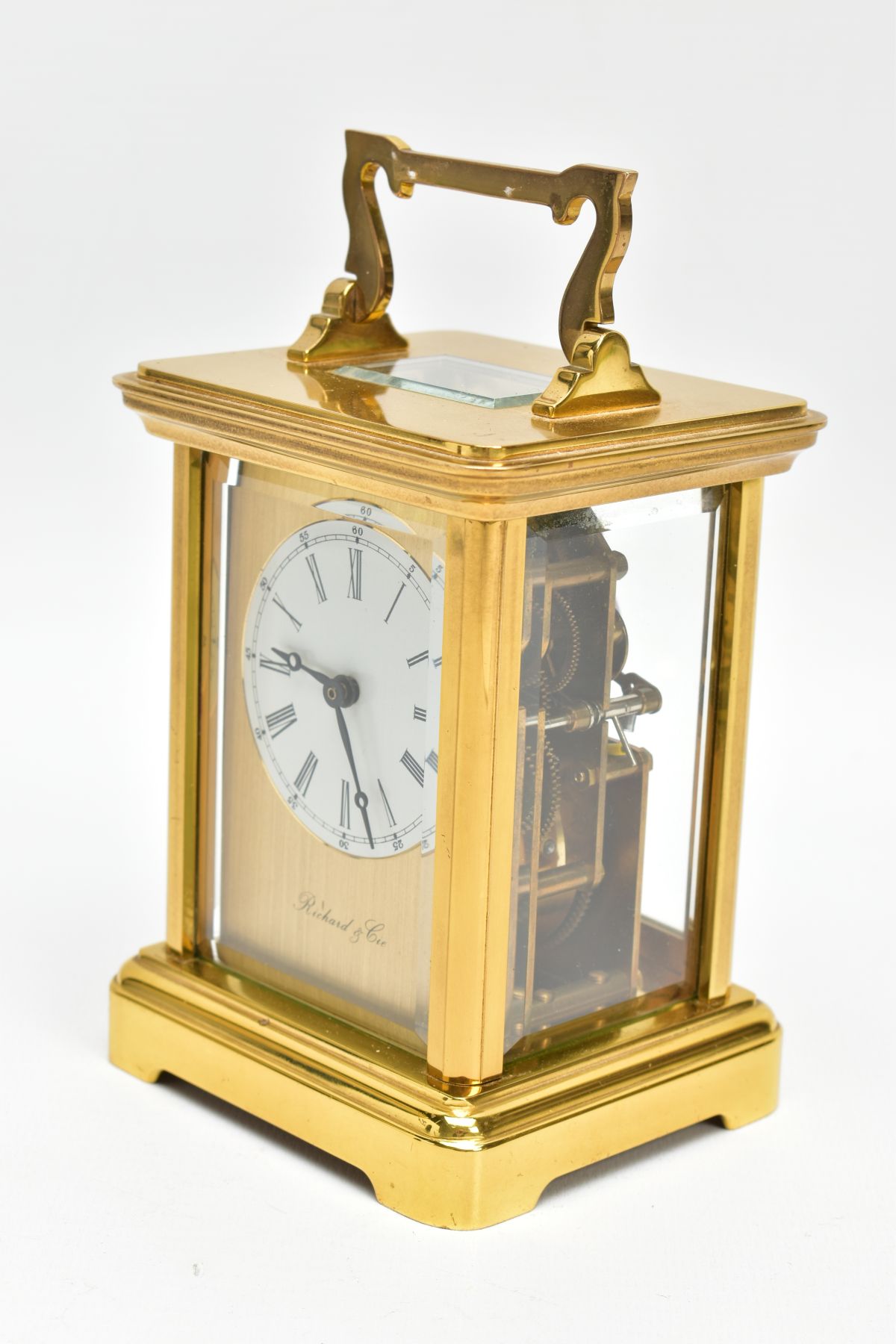 A FRENCH 19TH CENTURY CARRIAGE CLOCK, a white round face, black Roman numerals, signed 'Richard & - Image 2 of 6