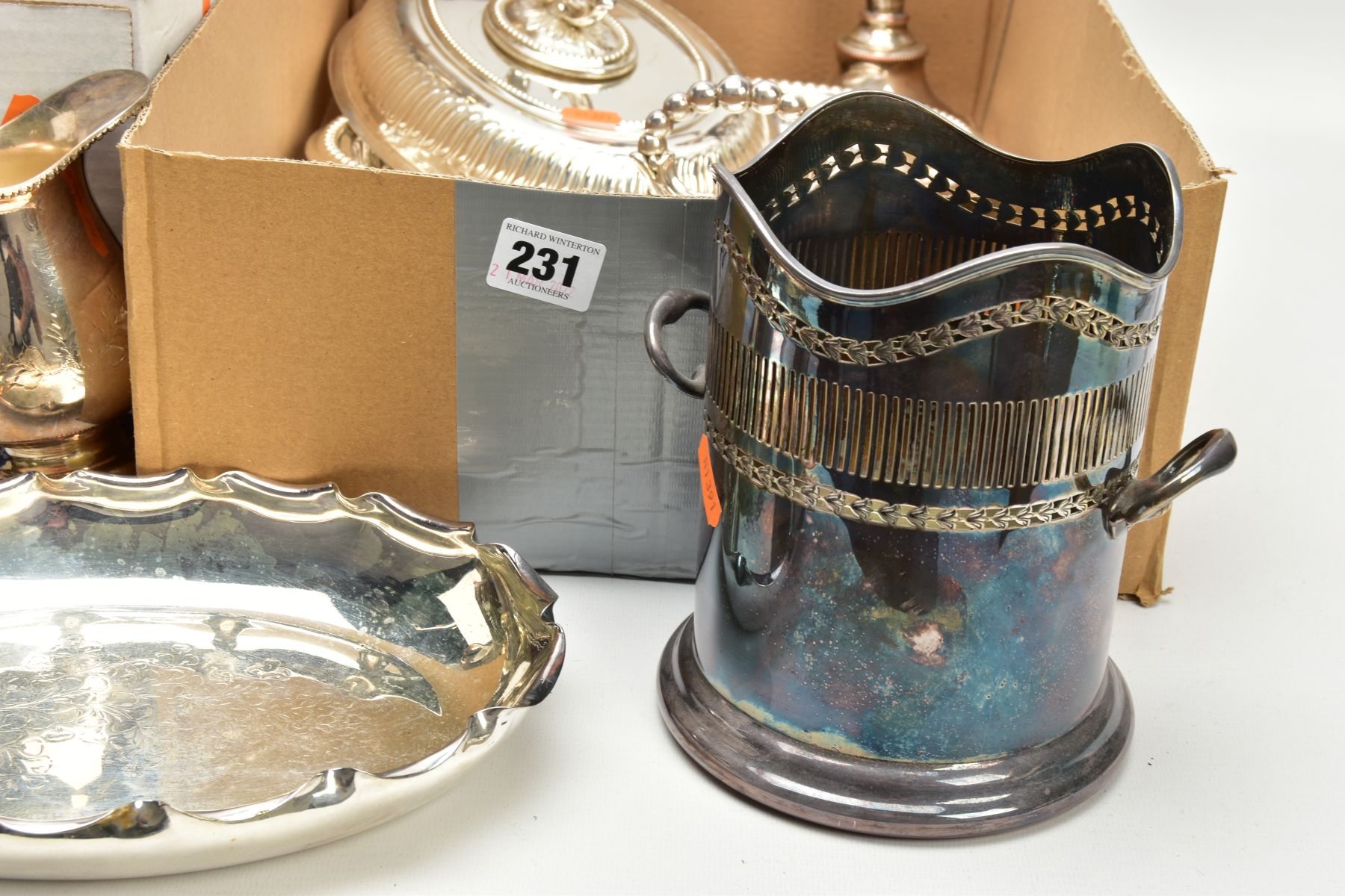 TWO BOXES OF WHITE METAL WARE, to include two circular entree dishes with covers, two oval entree - Image 2 of 7