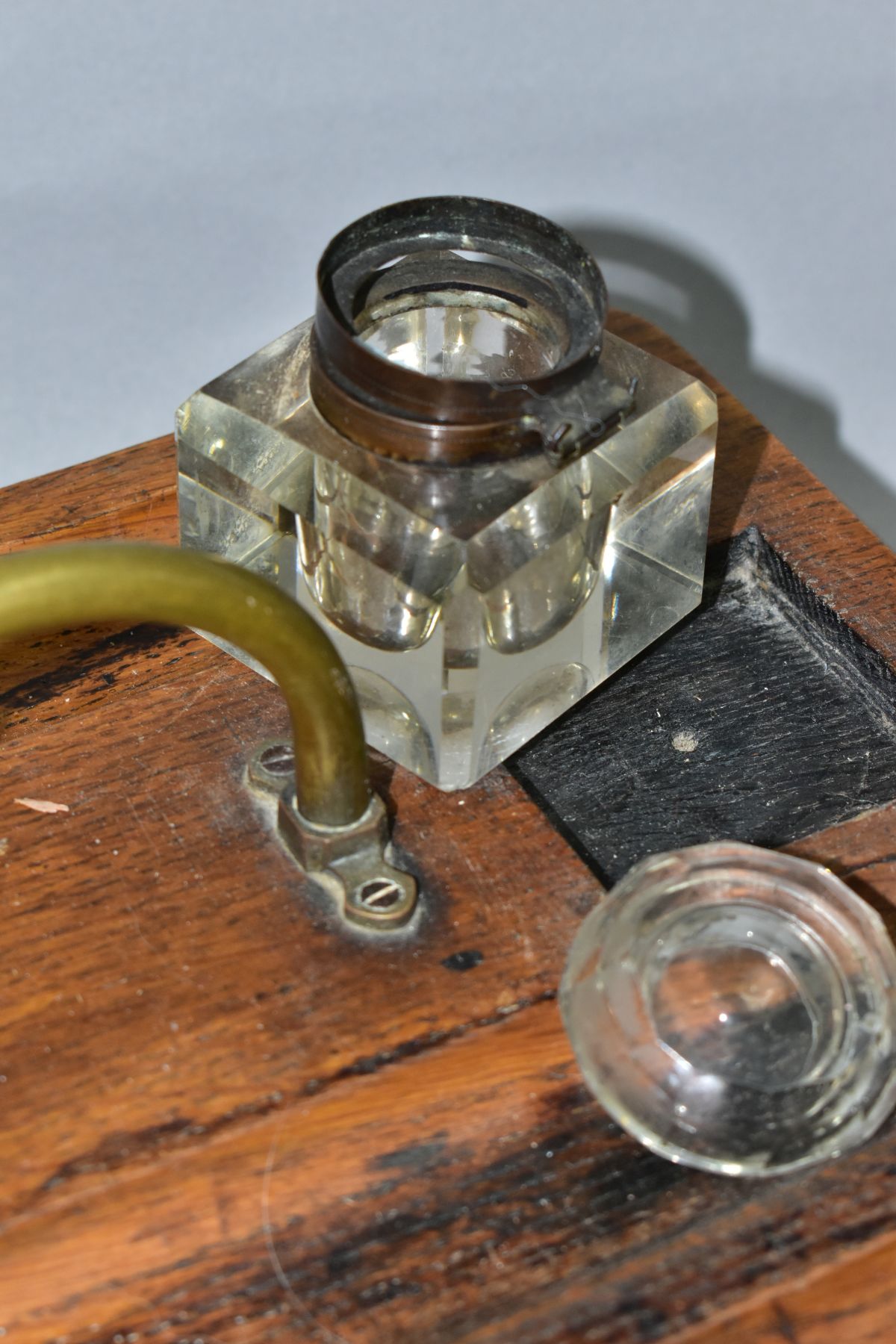 A VICTORIAN OAK INKWELL STAND WITH DRAW, together with a Mauchline ware string dispenser for J R - Image 2 of 9