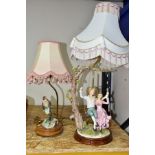 TWO FIGURAL CAPODIMONTE TABLE LAMPS, one in the form of a man and a woman seated on a swing, the